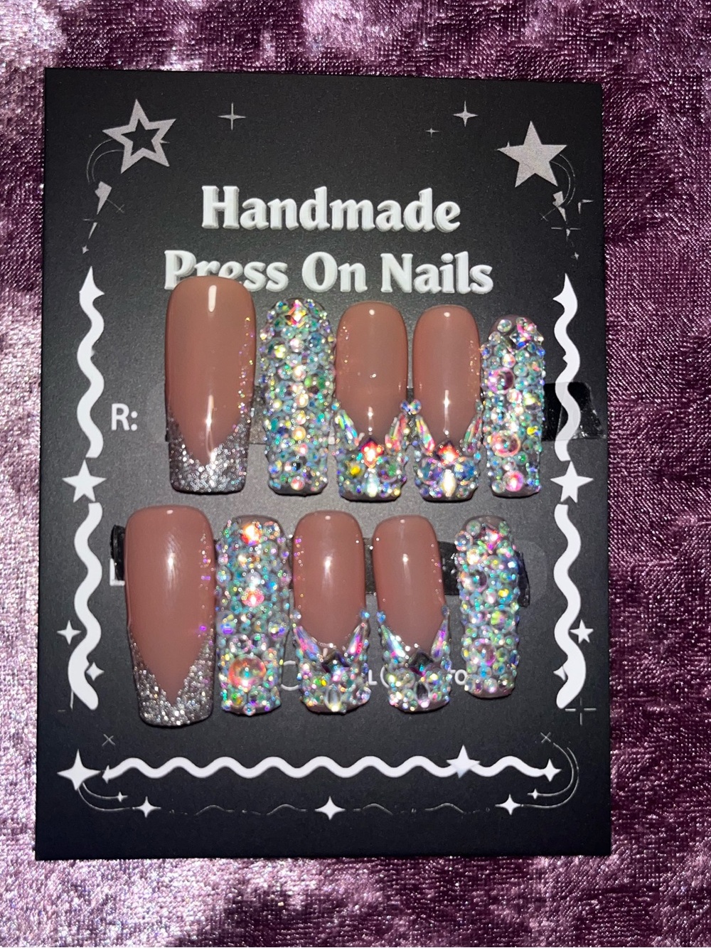 Handmade Press On Nails - Nude with Holographic Rhinestones